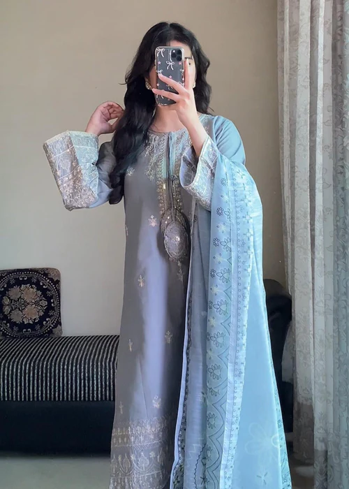 Pastel Grey Embroidered Cotton 3 Piece Suit By Attirepret