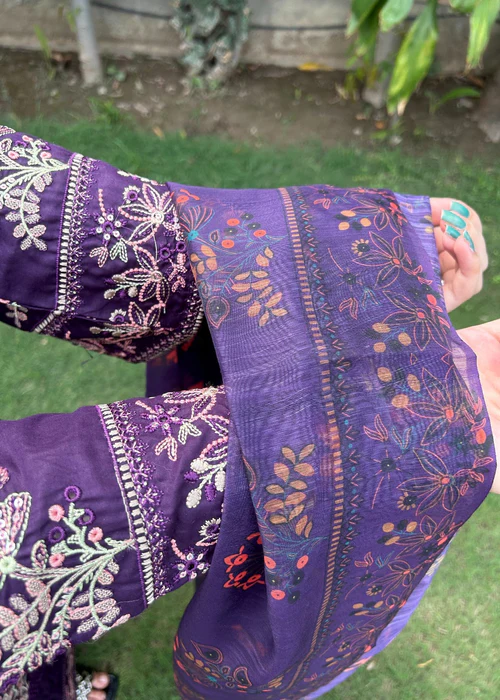 Royal Purple Embroidered Cotton Suit 3 Piece By Attirepret