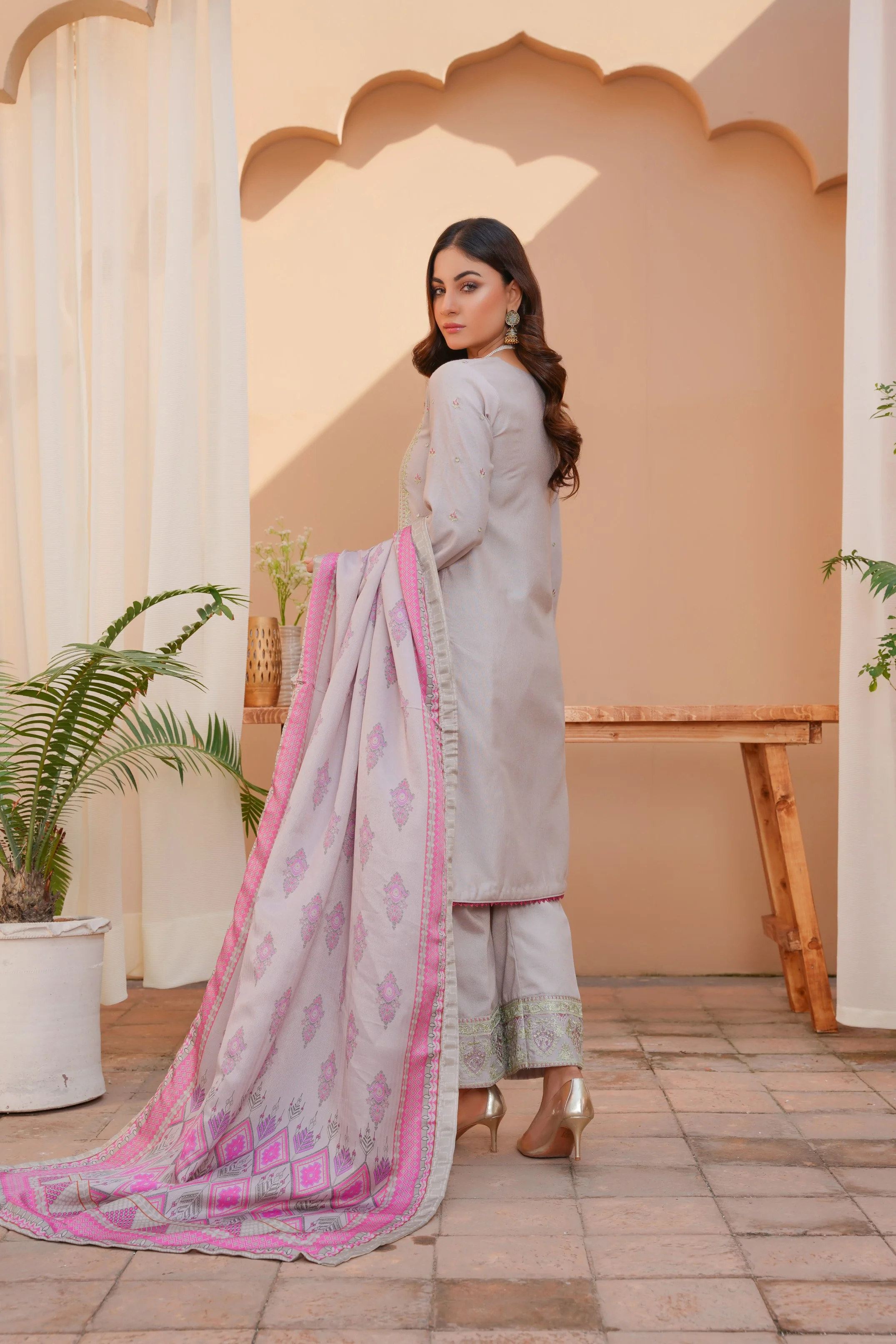 Grey 3 PC Embroidered Karandi Pret