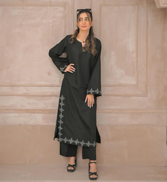Smoky Black Embroidered Two Piece Dress