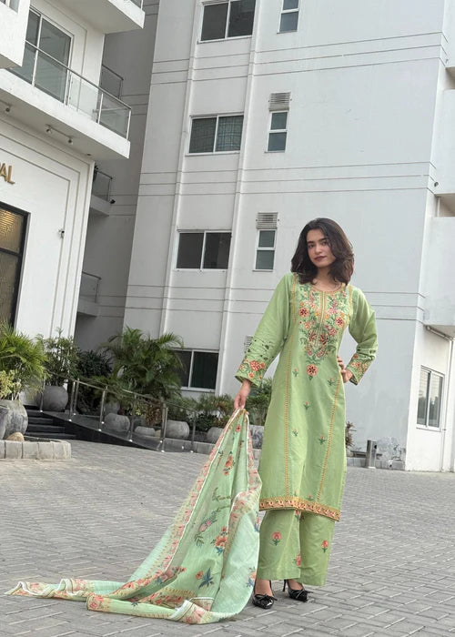 Fresh Pistachio Bloom Embroidered 3 Piece Cotton Suit