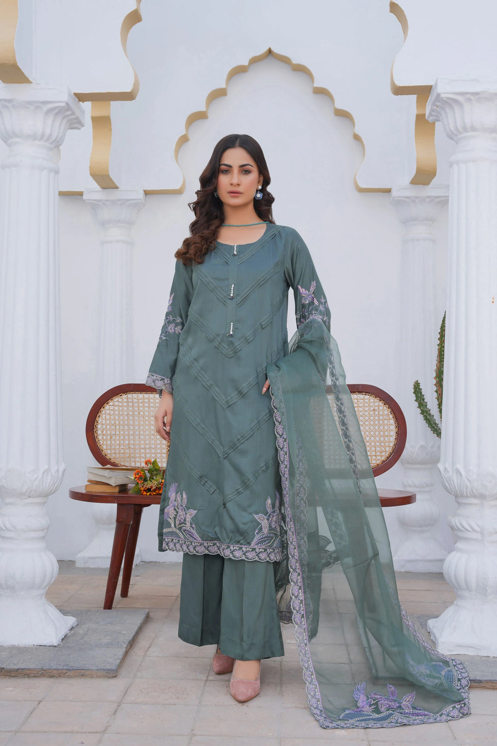 Laurel Green PRET 3PC Embroidered Dress