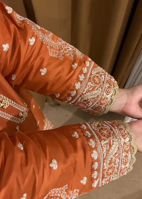 Burnt Rust Elegance 3 Piece Embroidered Cotton Suit by AttirePret