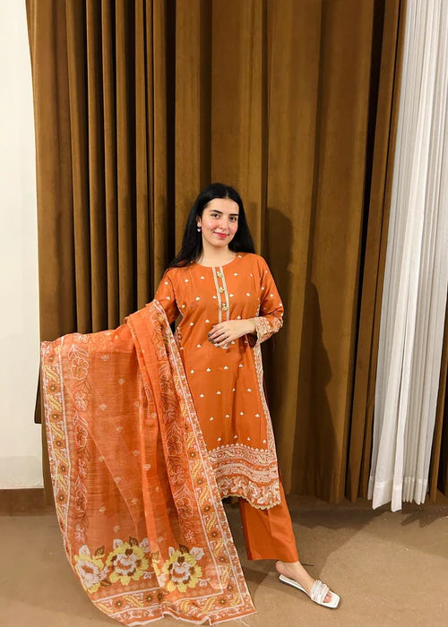 Burnt Rust Elegance 3 Piece Embroidered Cotton Suit by AttirePret