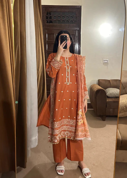 Burnt Rust Elegance 3 Piece Embroidered Cotton Suit by AttirePret