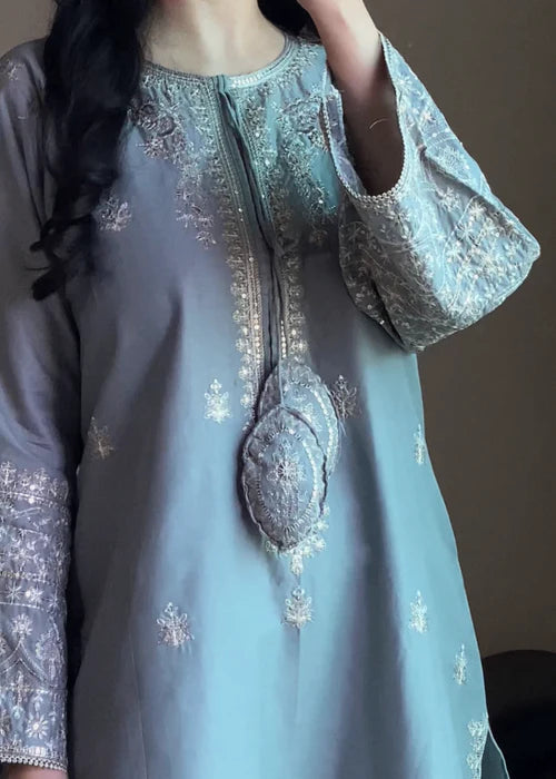 Pastel Grey Embroidered Cotton 3 Piece Suit By Attirepret