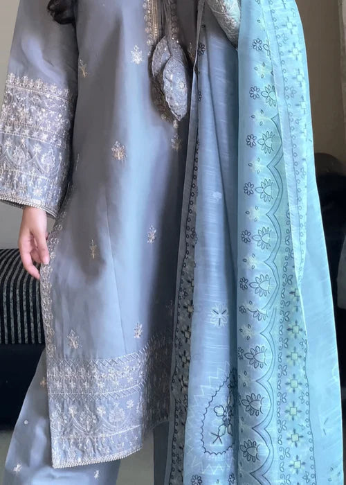 Pastel Grey Embroidered Cotton 3 Piece Suit By Attirepret