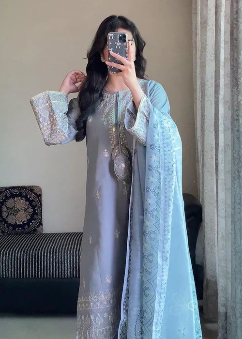 Pastel Grey Embroidered Cotton 3 Piece Suit By Attirepret