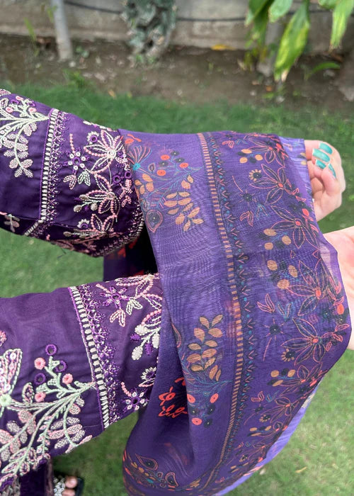 Royal Purple Embroidered Cotton Suit 3 Piece by Attirepret