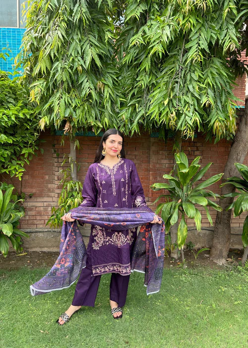 Royal Purple Embroidered Cotton Suit 3 Piece by Attirepret