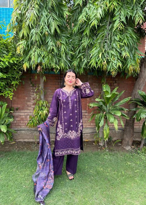 Royal Purple Embroidered Cotton Suit 3 Piece by Attirepret