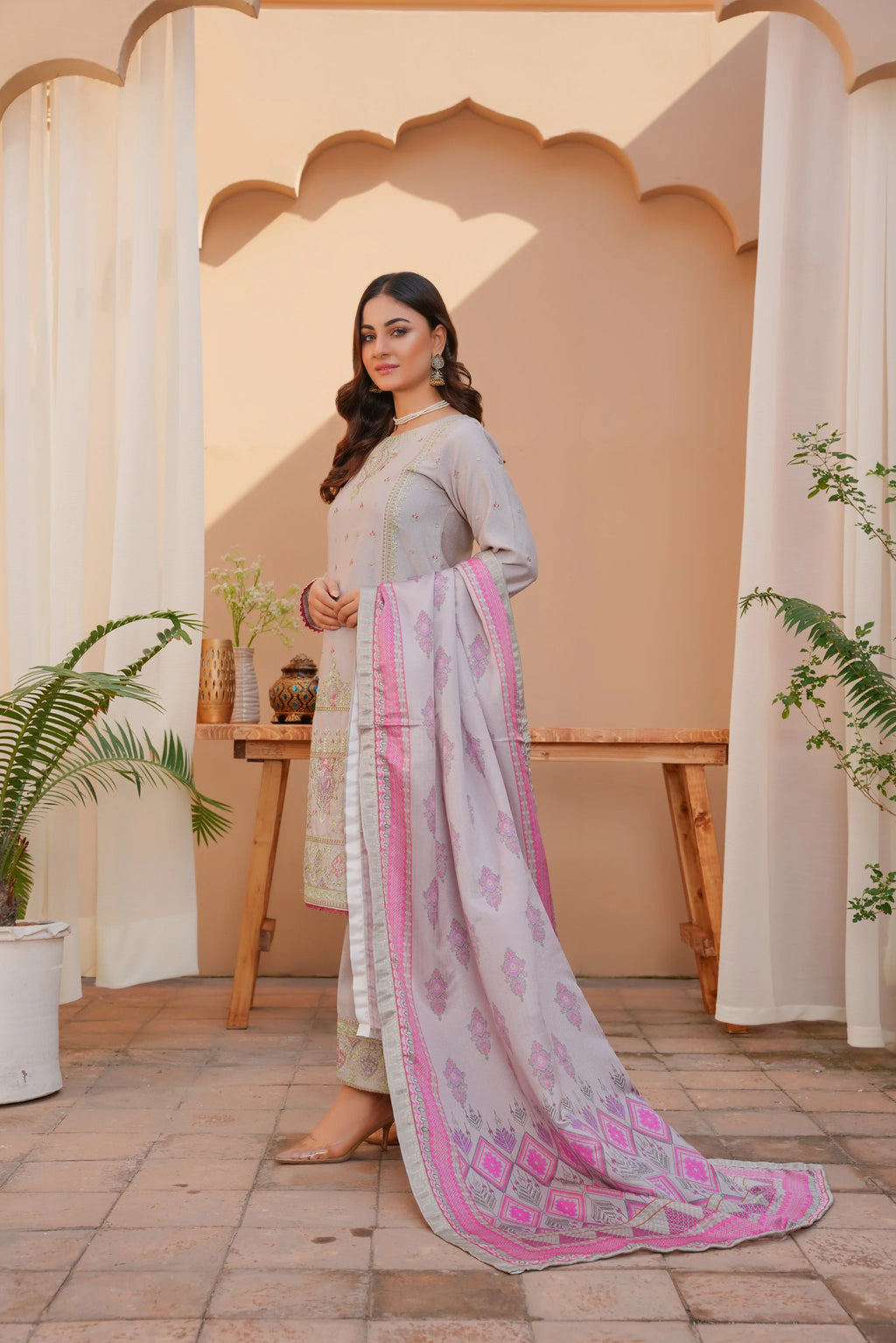 Grey 3 PC Embroidered Karandi Pret