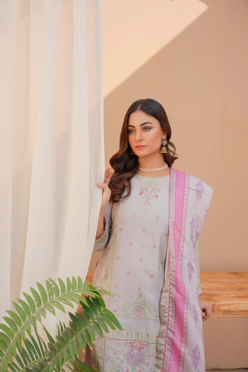 Grey 3 PC Embroidered Karandi Pret