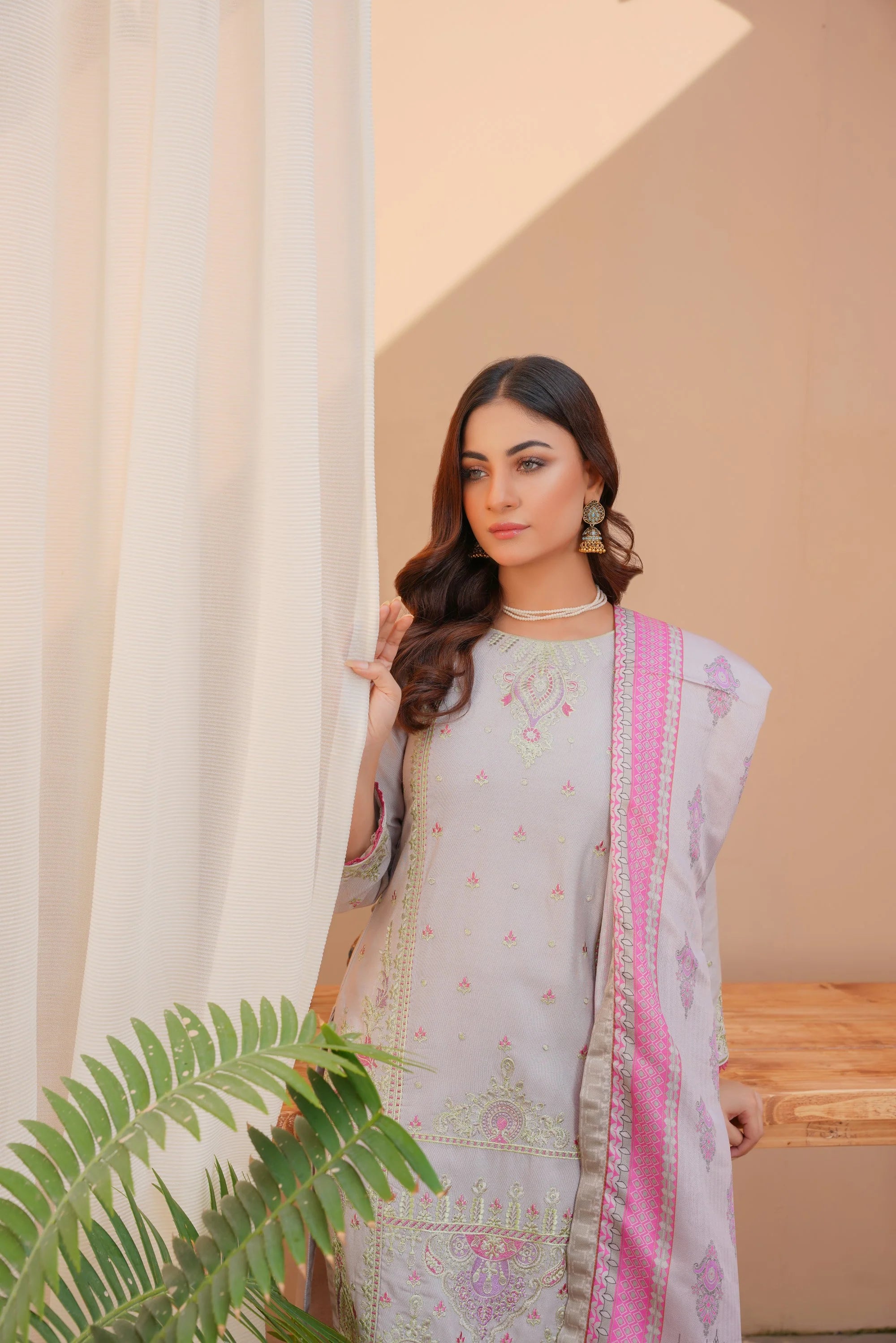 Grey 3 PC Embroidered Karandi Pret