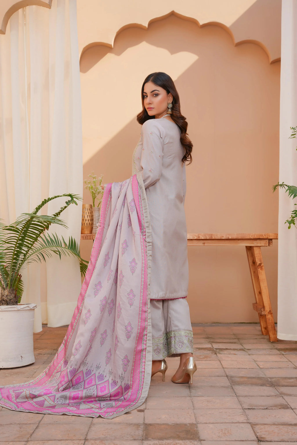 Grey 3 PC Embroidered Karandi Pret