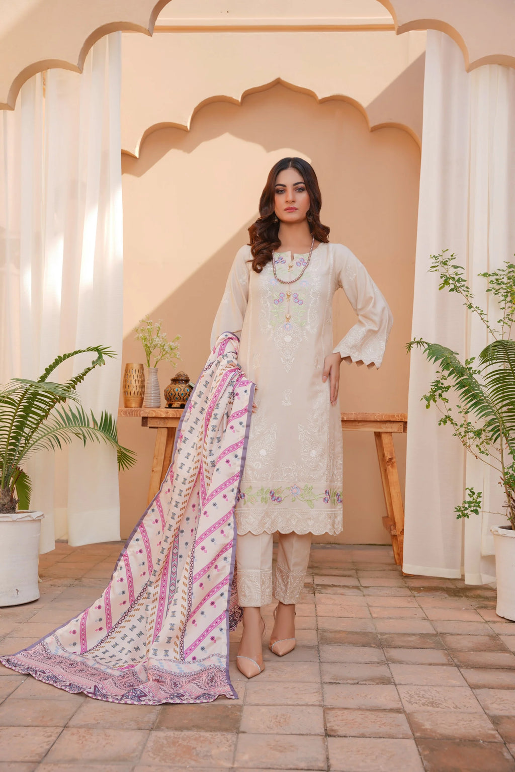 Beige Shade 3 PC Embroidered Karandi Pret