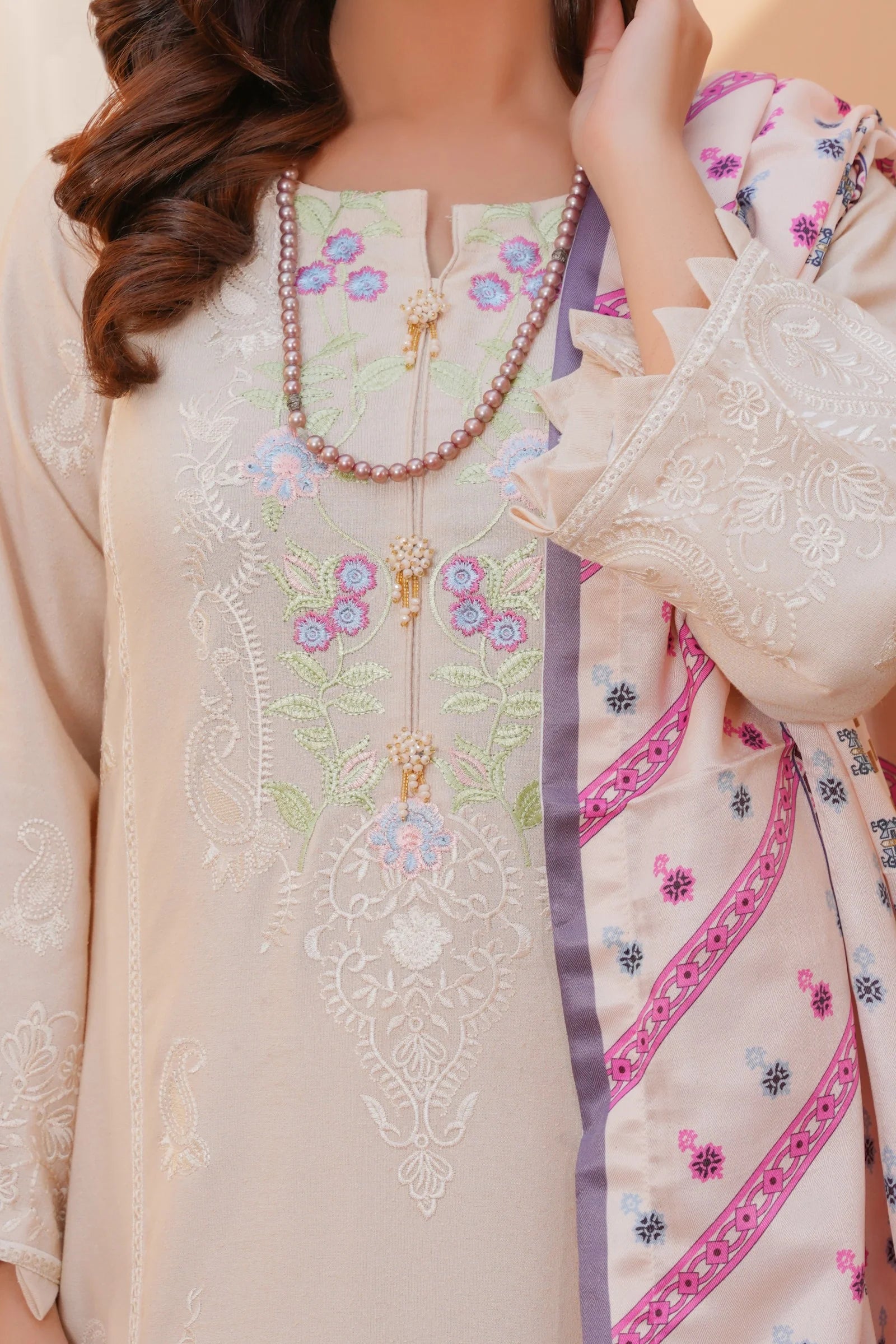 Beige Shade 3 PC Embroidered Karandi Pret