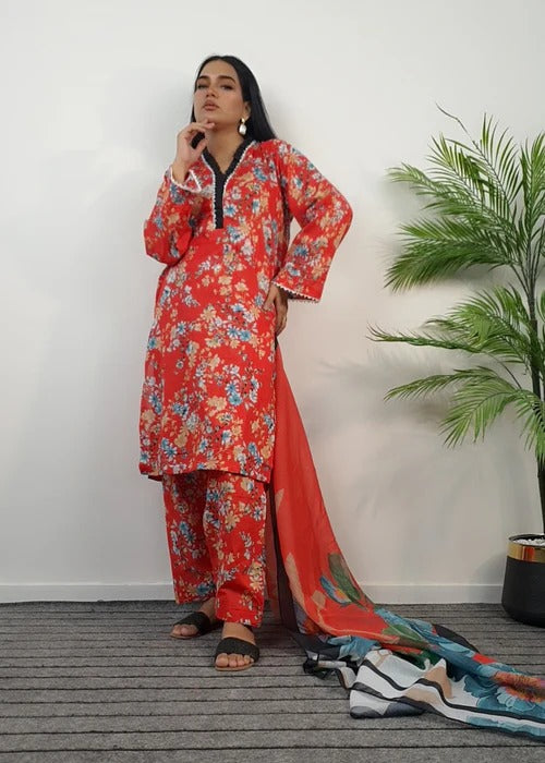 Summer Pret Lawn Red Floral Design