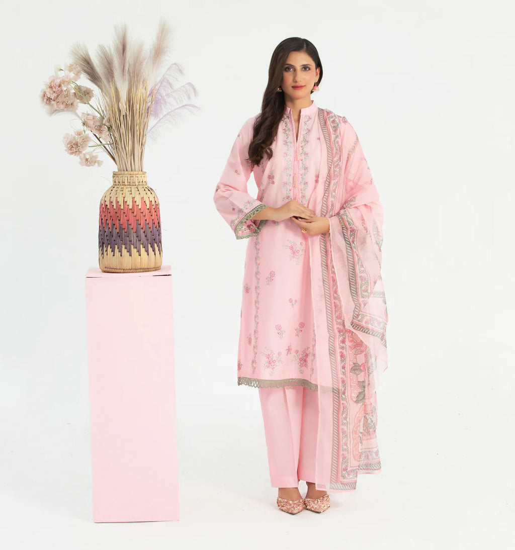 Designer Cotton Embroidered Suit with Net Dupatta