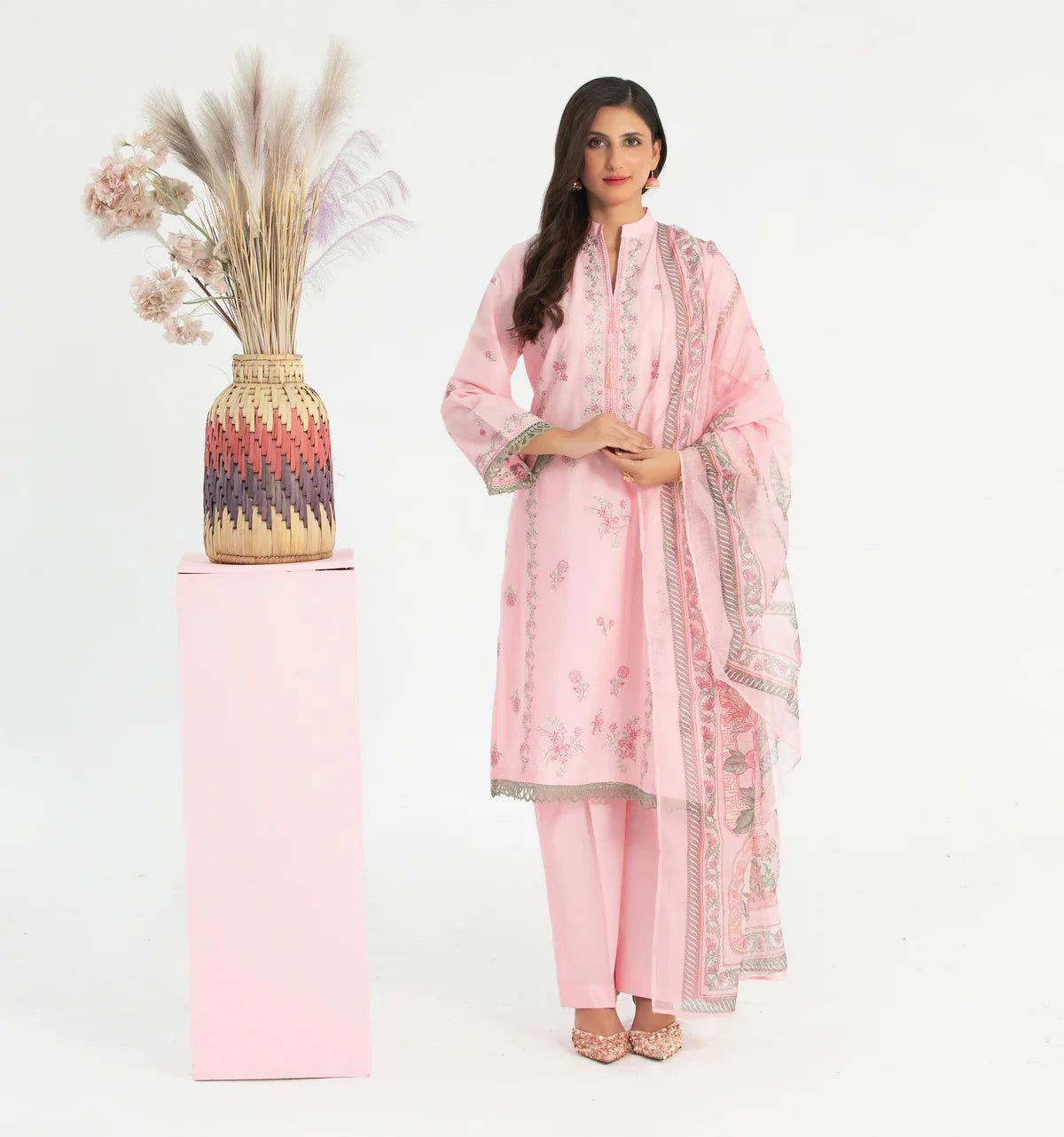 Designer Cotton Embroidered Suit with Net Dupatta