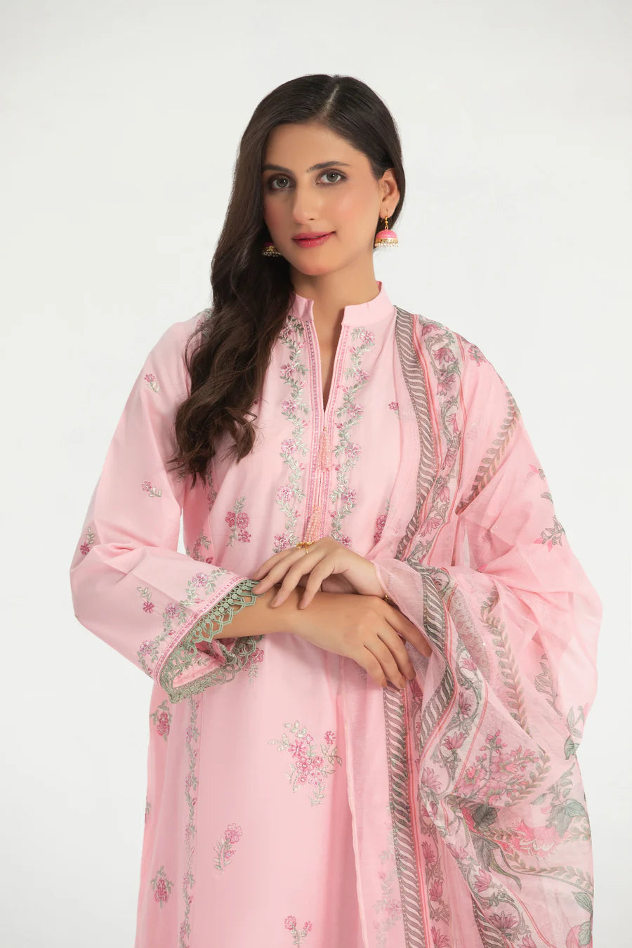 Designer Cotton Embroidered Suit with Net Dupatta