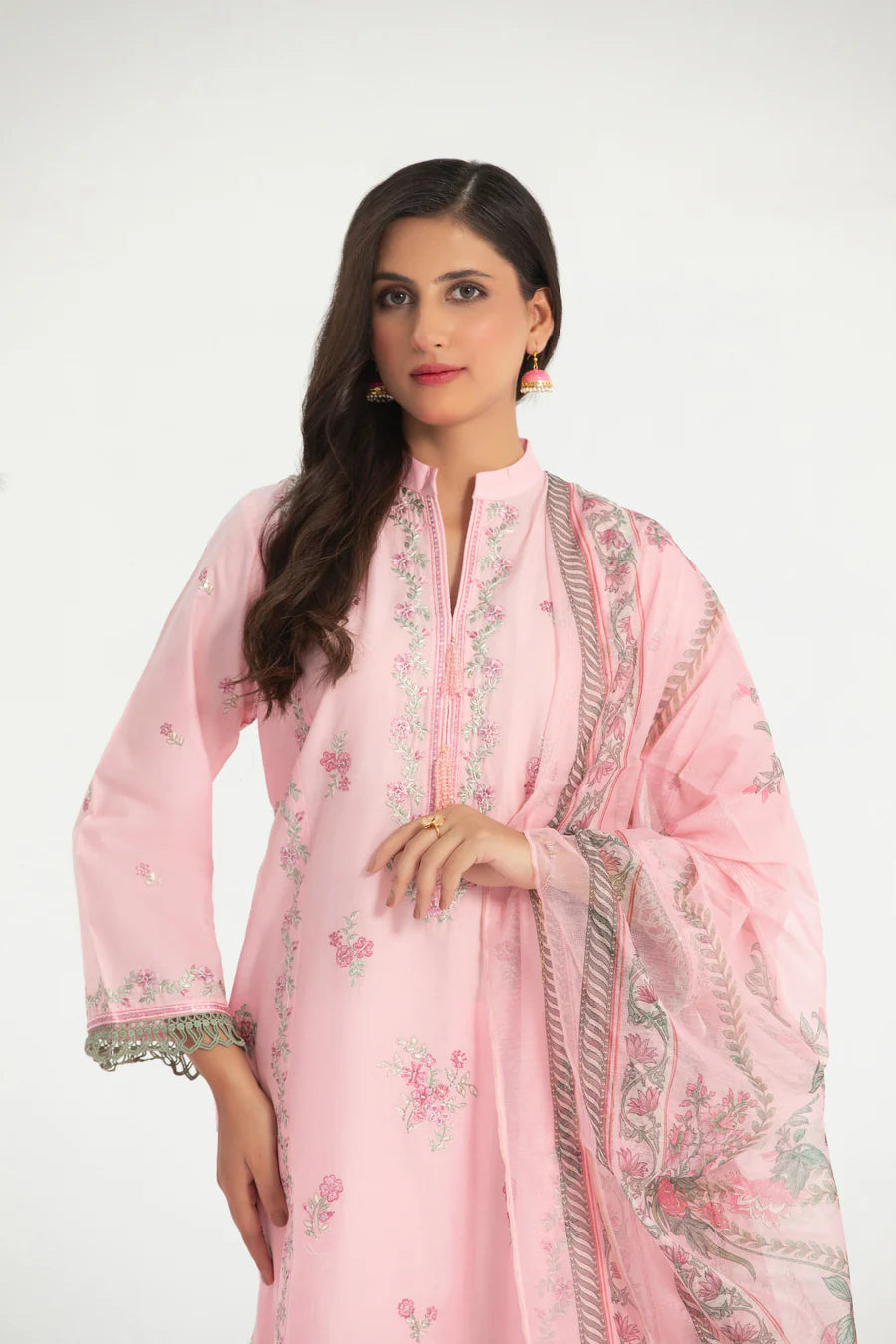 Designer Cotton Embroidered Suit with Net Dupatta
