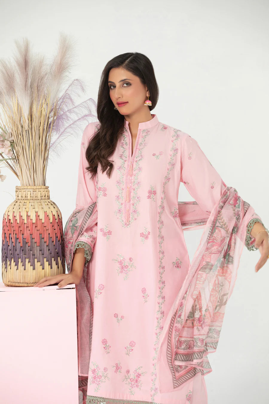 Designer Cotton Embroidered Suit with Net Dupatta