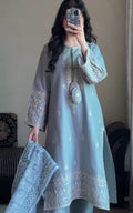 Pastel Grey Embroidered Cotton 3 Piece Suit By Attirepret