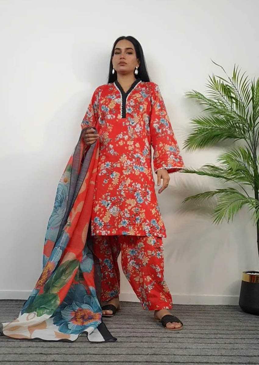 Summer Pret Lawn Red Floral Design