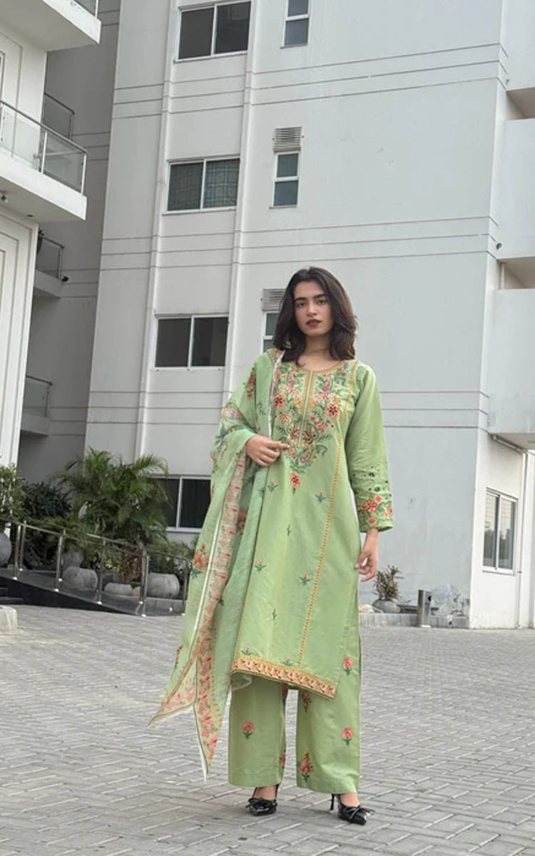 Fresh Pistachio Bloom Embroidered 3 Piece Cotton Suit
