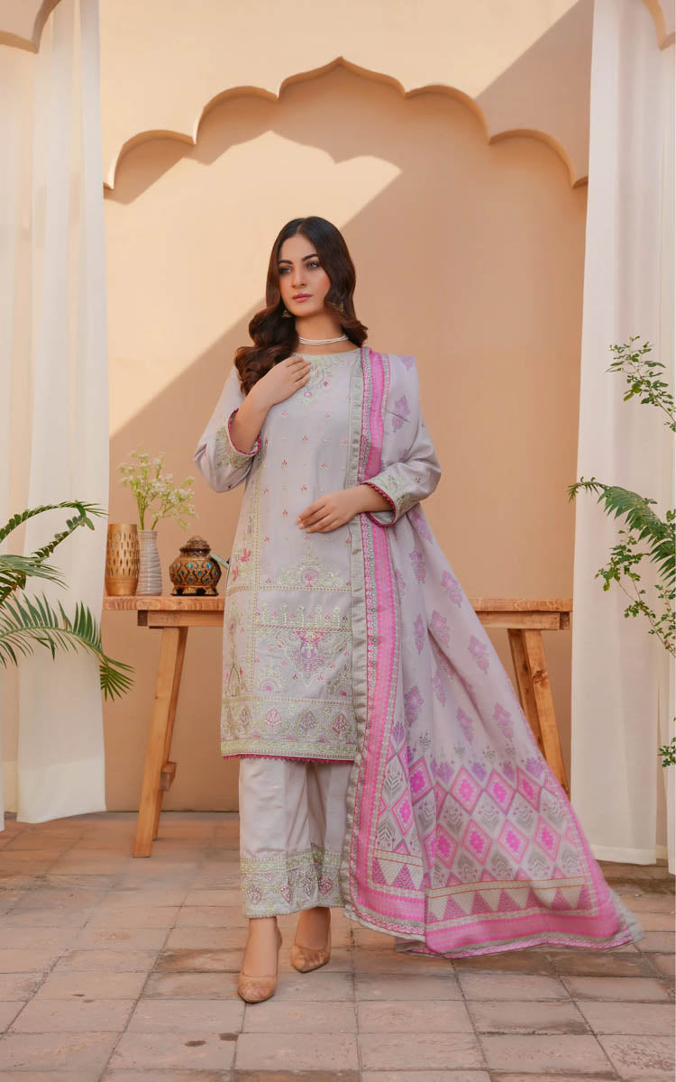Grey 3 PC Embroidered Karandi Pret