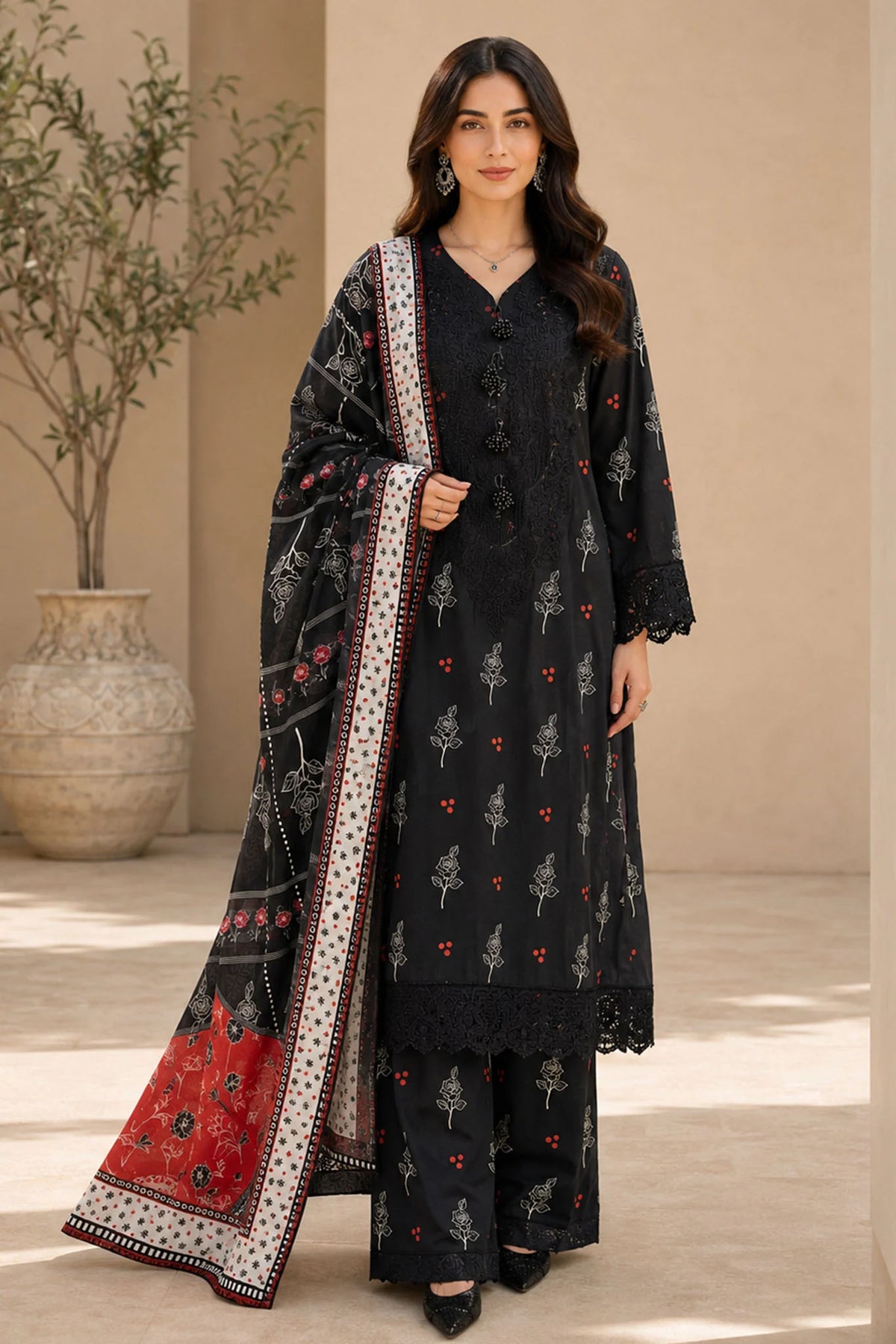 Eleganza E-15 : Stitched Embroidered & Digital Printed Lawn 3pc