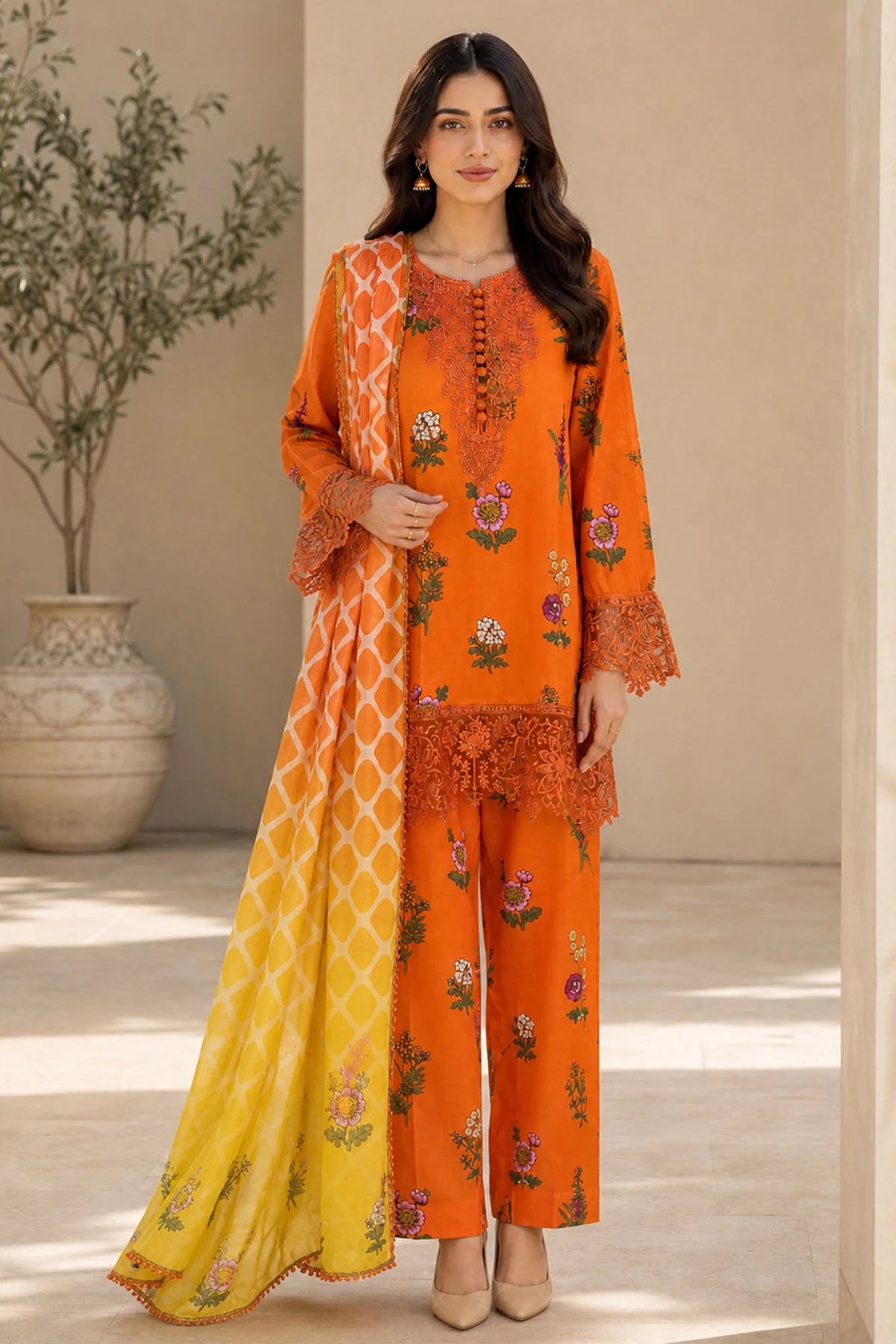 Eleganza E-16 : Stitched Embroidered & Digital Printed Lawn 3pc