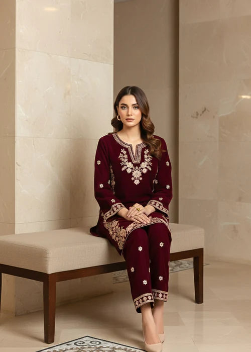 EMBROIDERED MAROON VELVET