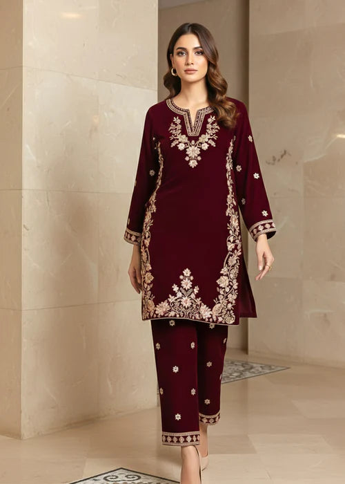EMBROIDERED MAROON VELVET