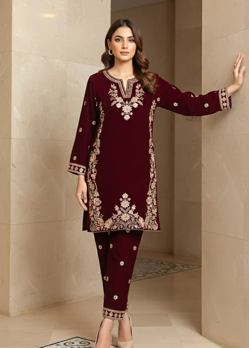 EMBROIDERED MAROON VELVET